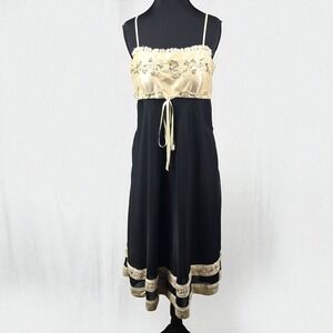 Simon Chang Babydoll Dress Woman Size 4 Black Beige Embellished Sleeveless Lined